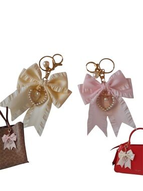 Coquette 2pc Pearl Heart Ribbon Bow Keychain Bag Charms set